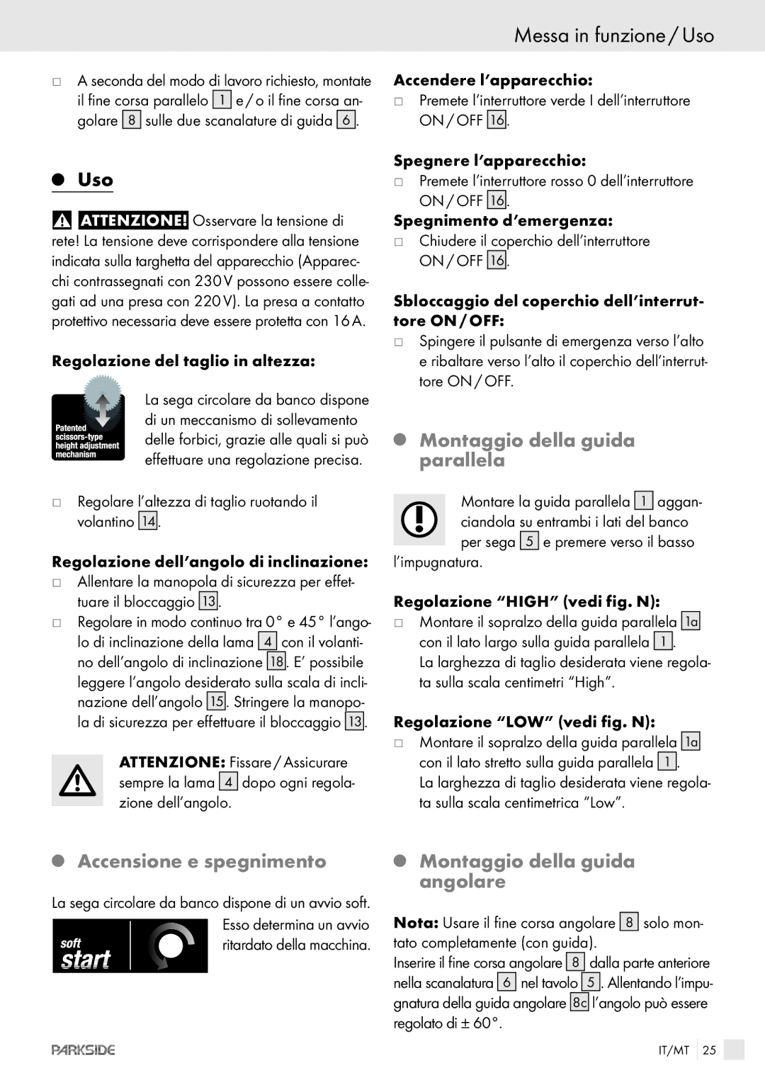 Kompernass PTKS 1800 SE manual Messa in funzione / Uso, Montaggio della guida parallela, Accensione e spegnimento 